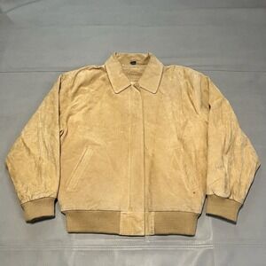 VTG St John Bay Suede Bomber Jacket Tan Line Zip Unisex Earthtone Minimal-S-XXXX